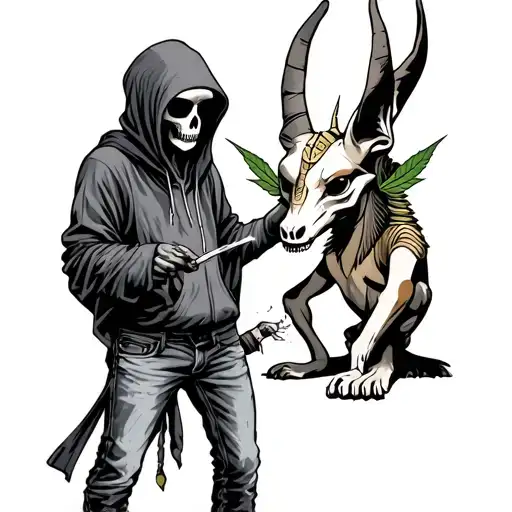 grim reaper wearing jeans and hoodie sharing a weed joint with a hipster anubis in black ink tattoo design idea