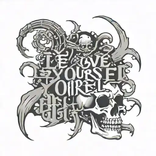 love yourself in chinese lettering with skeleton in background  tattoo design idea