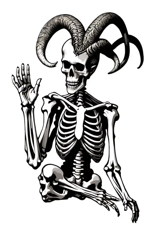 skeleton in baphomet position with right hand up tattoo design idea