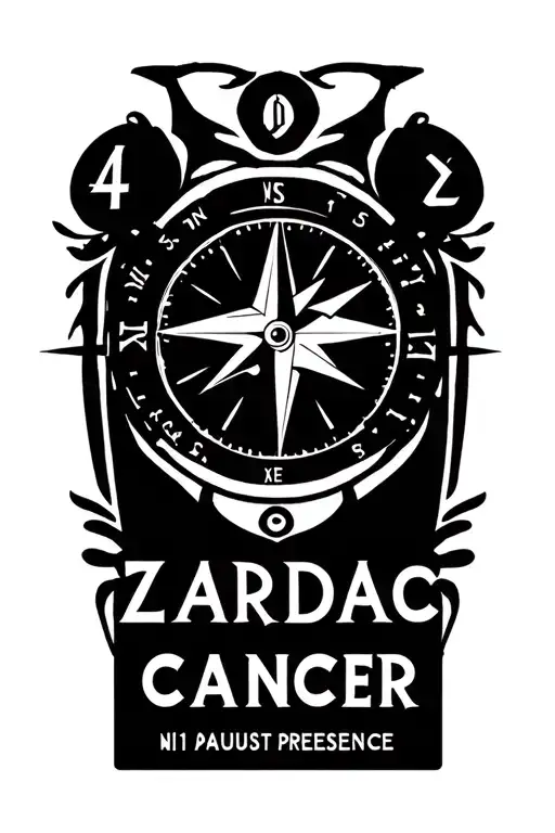 Zordiac sign cancer with compass and clock surrounded with date 11 august with parents presences  tattoo design idea