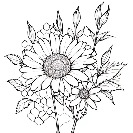 Daisy,rose,gladiolus and honeycomb outline drawing tattoo tattoo design idea