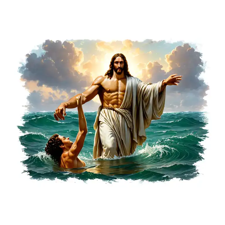 Jesus standing on the water, reaching down with one hand to pull a drowning person out of the sea  tattoo design idea