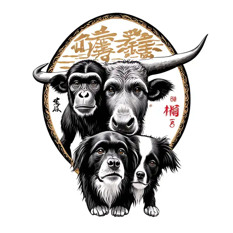an ox and a chimpanzee monkey and a border collie to represent Chinese years tattoo design idea