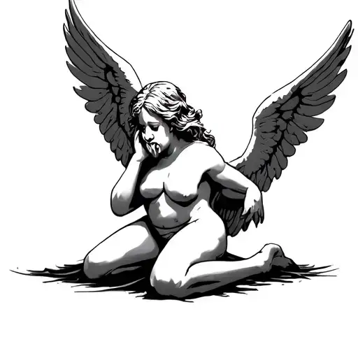 a kneeling and crying guardian angel falling tattoo design idea