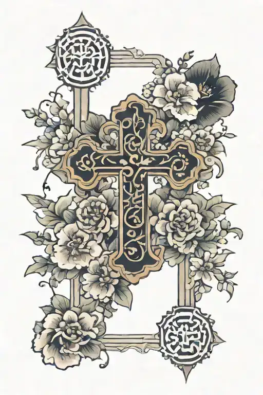floral Christian Cross tattoo design idea