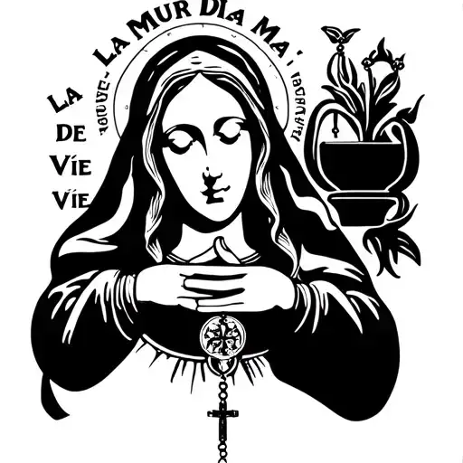 VIRGIN MARY FRONT PROFILE EYES CLOSED WITH PRAYING HANDS WITH ROSARY AND SCRIPT ABOVE IT SAYING "LA'MOUR DE MA VIE" tattoo design idea