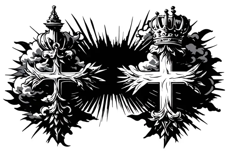 cross with crown surrounded by clouds and rays of light tattoo design idea