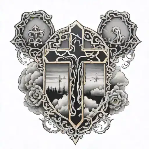 psalm 23:4 with crosses, prayer hands, and cloud shading tattoo design idea