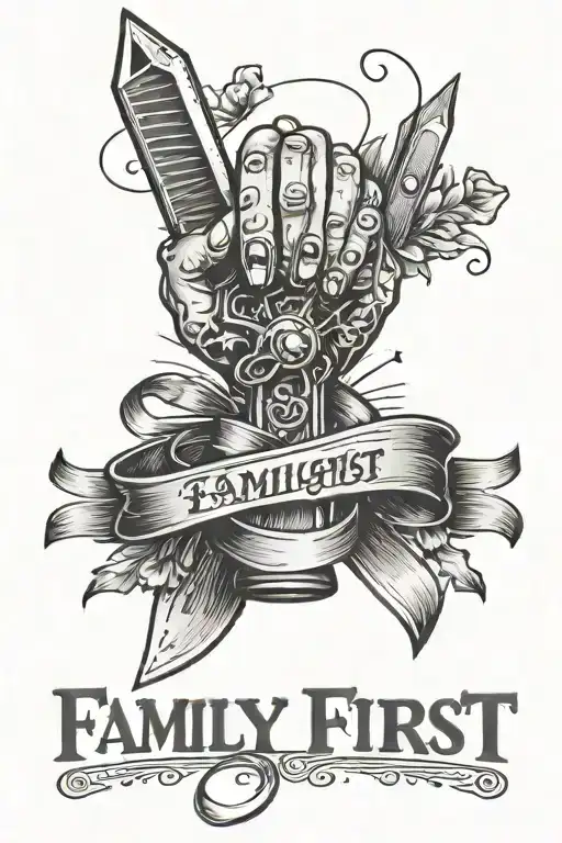 A tattoo of a child's hand holding a small knife, with the words 'family first' written in a ribbon around it, symbolizing your devotion to your family and your dangerous lifestyle tattoo design idea