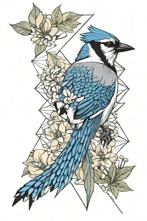 blue jay bird flying, larkspur flower, mountain peak tattoo design idea