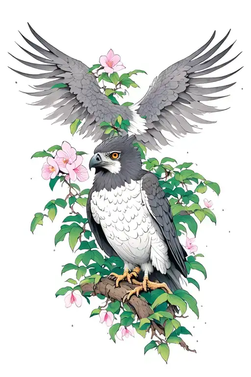 trees, vines, overgrown, water, night orchid, harpy eagle small, family crest, tattoo design idea