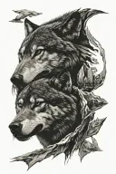 growling wolf face and rocky mountains inside tattoo design idea