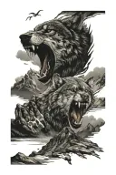 growling wolf face and rocky mountains inside tattoo design idea