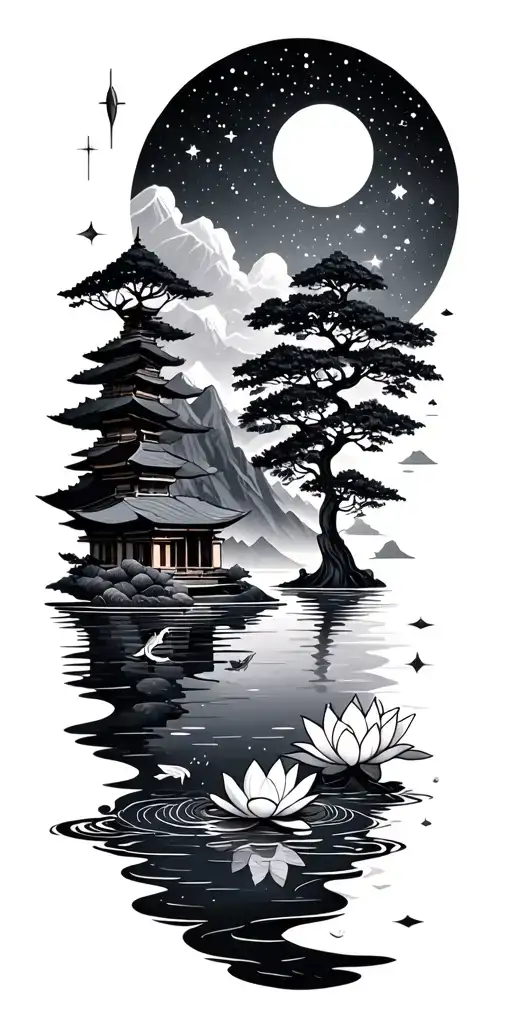 Black-grey mandala with water,mountains,tree,tiny temple,starry sky,mandala,lotus, small koi tattoo design idea