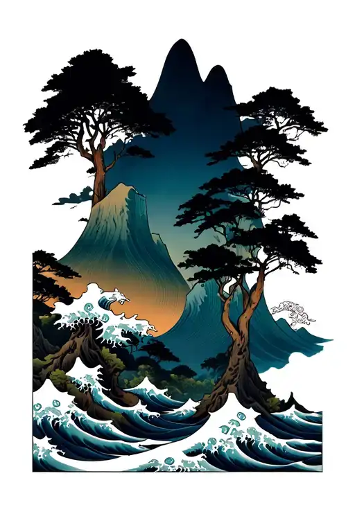 A jungle with mountains and ocean waves tattoo design idea
