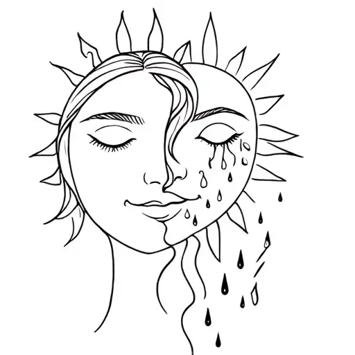 half a female face with a smile and sun the other half tear down her cheek and thunder and rain tattoo design idea