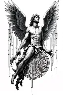 icarus facing upwards and falling wings spread wide, labyrinth at bottom tattoo design idea