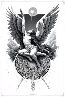 icarus facing upwards and falling wings spread wide, labyrinth at bottom tattoo design idea