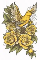 flying canary with roses blooming tattoo design idea