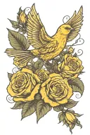 flying canary with roses blooming tattoo design idea