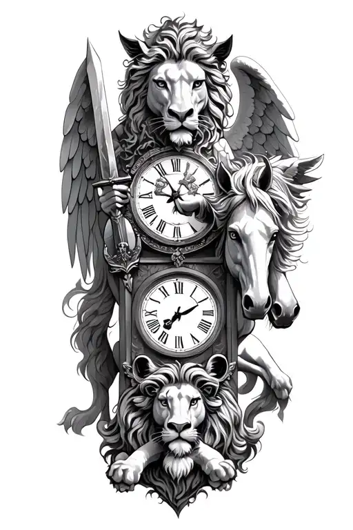 lion, clock, white horse, angel holding a sword tattoo design idea