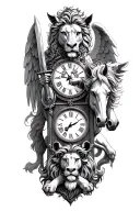 lion, clock, white horse, angel holding a sword tattoo design idea