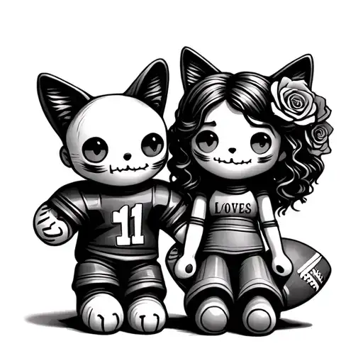 brother and sister voodoo dolls. boy loves football. girl loves cats and roses. both have button eyes.  tattoo design idea