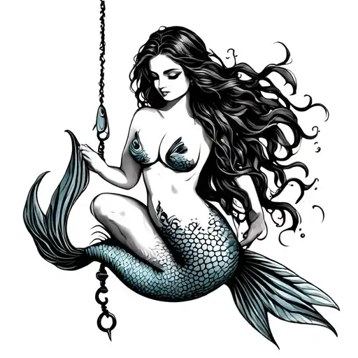 beautiful lady mermaid topless riding on fishing hook intertwined tattoo design idea