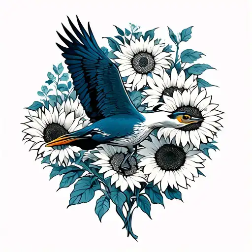 simple cross with sunflowers and blue heron flying tattoo design idea
