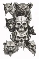 totem pole of bear skull, wolf skull, owl skull, and panther skull tattoo design idea