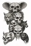 totem pole of bear skull, wolf skull, owl skull, and panther skull tattoo design idea