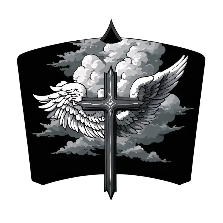 Cross with clouds and angel wings tattoo design idea