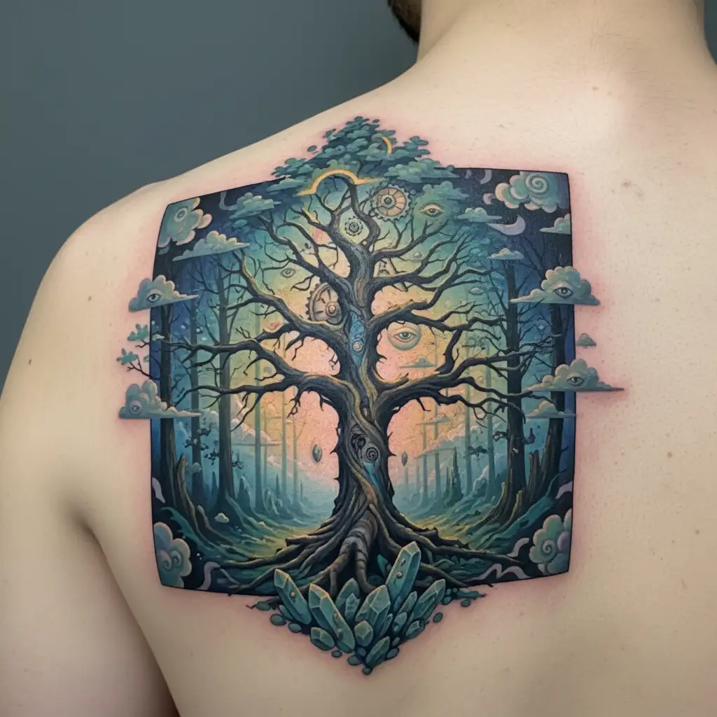 nordic ash tree yggdrasil in center forest in background tattoo design idea