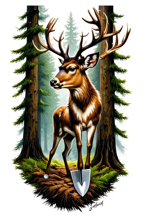 deer cryptid holding shovel by dirtjumps in pine tree woods tattoo design idea