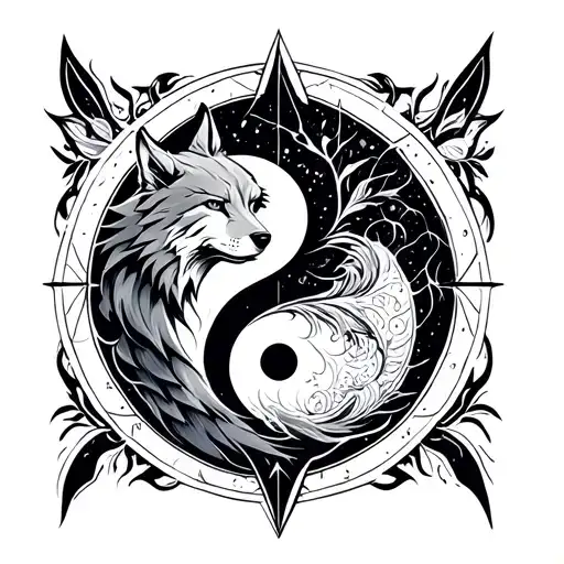 lone wolf yin yang symbol intertwined geometry spirit totem tattoo design idea