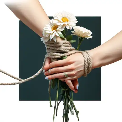 female hands holding flowers and wrists wrapped in Shibari rope tattoo design idea