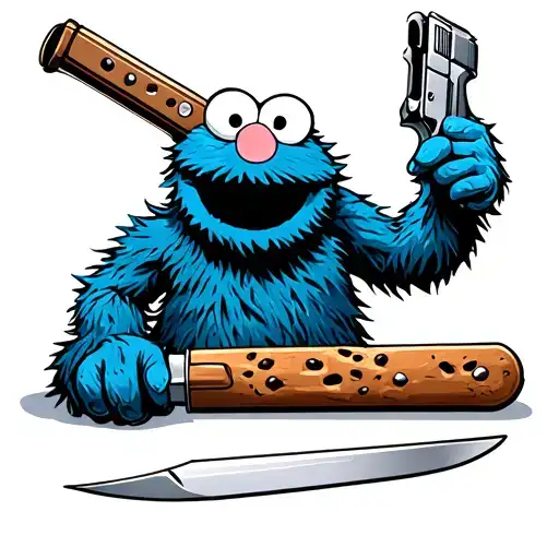 Cookie Monster with knife and pistol tattoo design idea