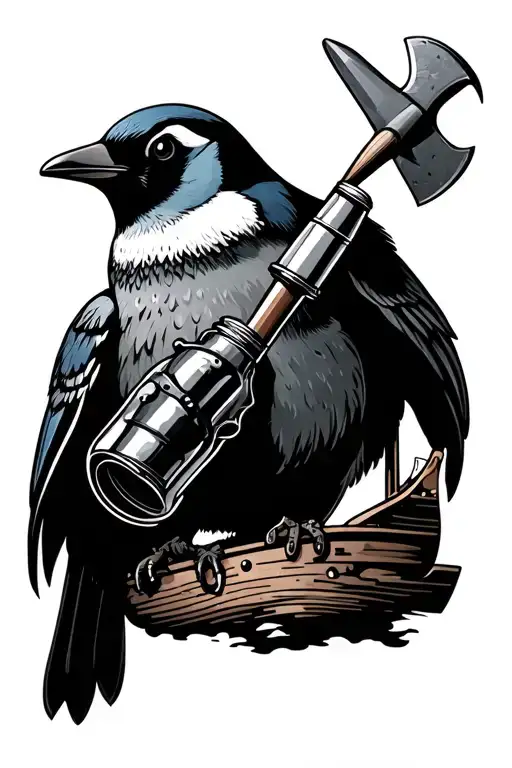 Stellars Jay, Sailing Ship, Mining Axe, Penguin holding a bottle rocket and a revolver tattoo design idea