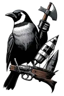 Stellars Jay, Sailing Ship, Mining Axe, Penguin holding a bottle rocket and a revolver tattoo design idea