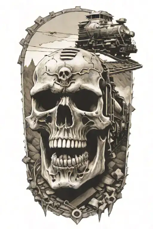 railroad train tracks going into the distance with skulls and horsepower engine parts tattoo design idea