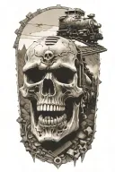 railroad train tracks going into the distance with skulls and horsepower engine parts tattoo design idea