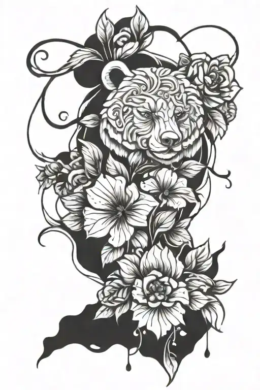 Violet flower bear surrounded tattoo design idea