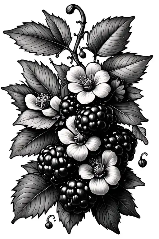 blackberry branch with flowers with vines tattoo design idea