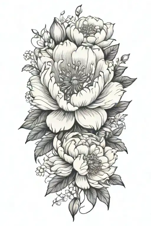peony, daisy, lotus, myosotis, simple, spaced tattoo design idea