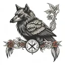 raven and wolf with rune for luck tattoo design idea