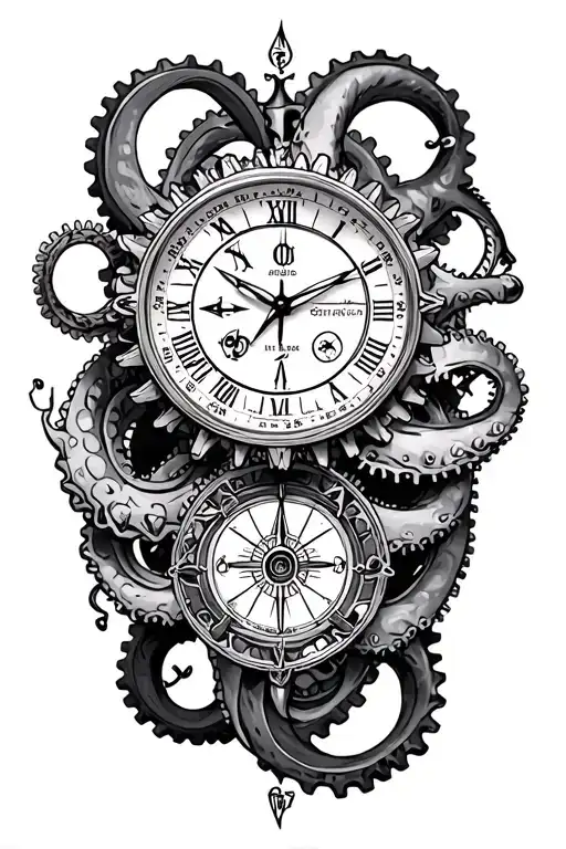 time kraken gears and watch and compass tattoo design idea