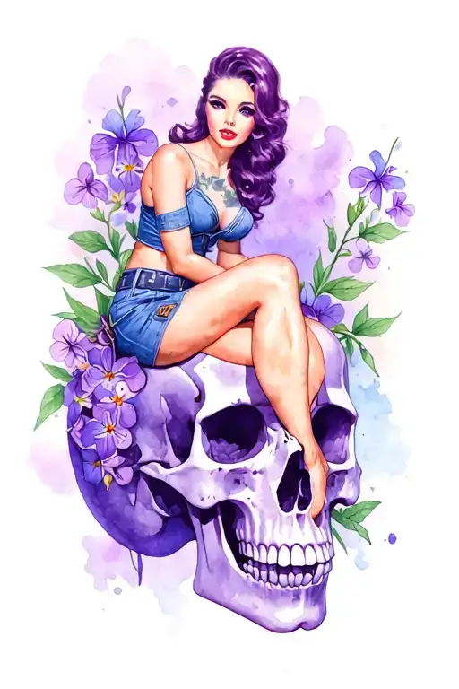 pinup girl military sitting on a skull with violets tattoo design idea