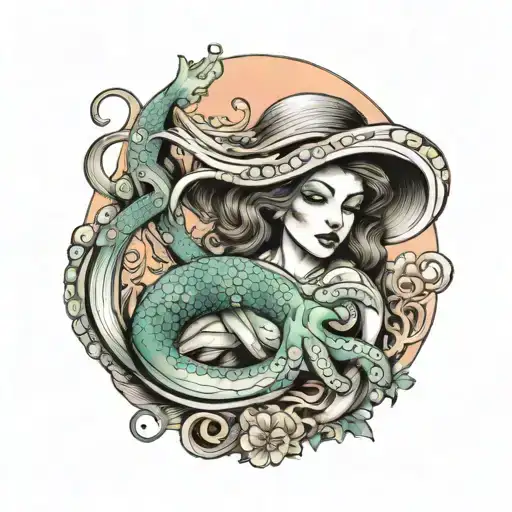 octopus taring a mermaid in half sleeve tattoo design idea