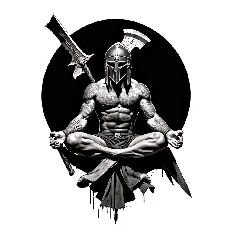 Ultra-realistic Spartan with tattoo and helmet sitting in meditation. Tattoo with great detail and fine lines tattoo design idea