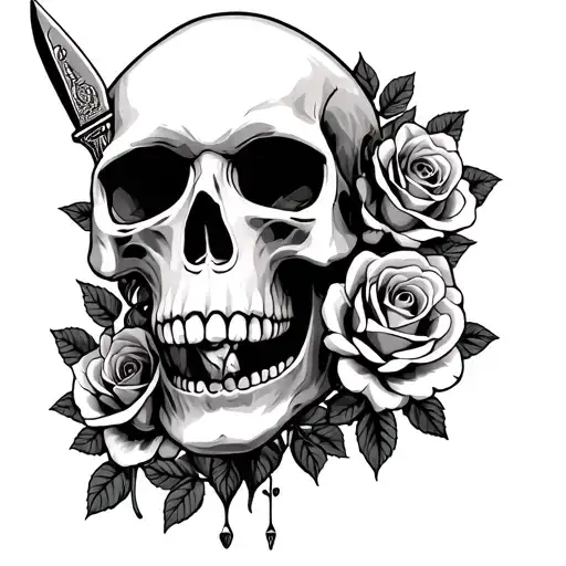 skull and roses with me knife piercing tattoo design idea